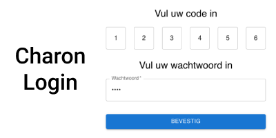 Login prompt asking for a code and a password in Dutch. Text saying Charon Login.
