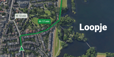Map of lakeside city with two lines, representing routes, charted. A grey line goes through the city, a green line borders the lake itself.