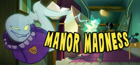 Ghost zapping through a hallway and scaring people. Text saying Manor Madness.