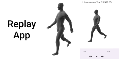 3D render of a person inside an app. The app has playback controls.
